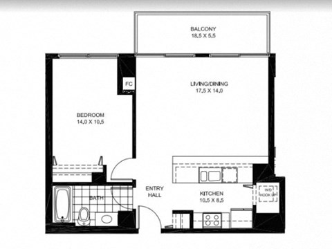 Floor plan for 1 bed, 1 bath, 689 sqft